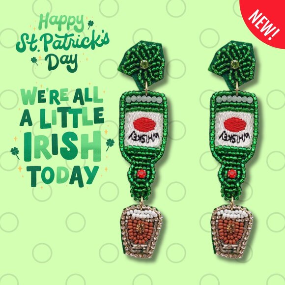 NEW St Patrick's Day Irish Whiskey Holiday Green Seed Beaded Earrings - Picture 1 of 4
